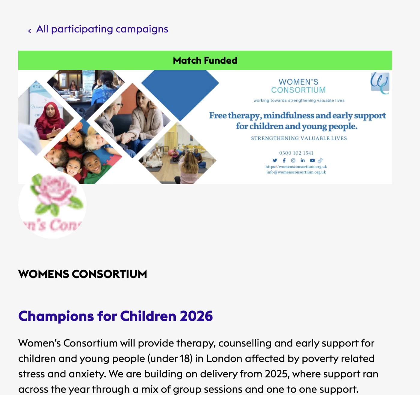 Women's Consortium Big Give campaign page, match funded